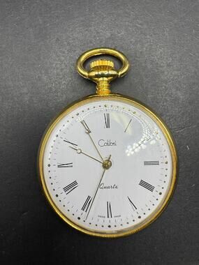 Colibri Gold Tone Pocket Watch Quartz Swiss Made Floral Engraved Case Vintage